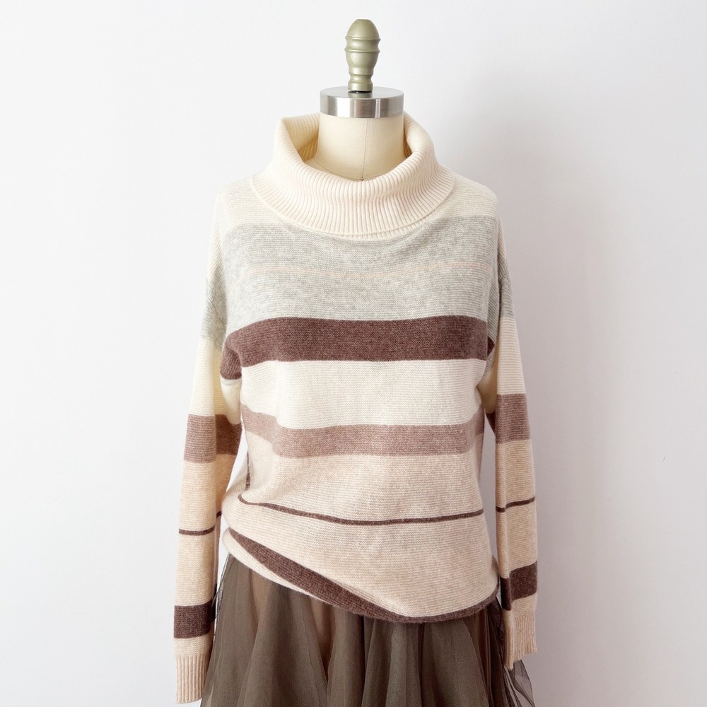 InCashmere‎ Striped Turtleneck Sweater Cream Brown Tan 100% Cashmere Cowl Neck M